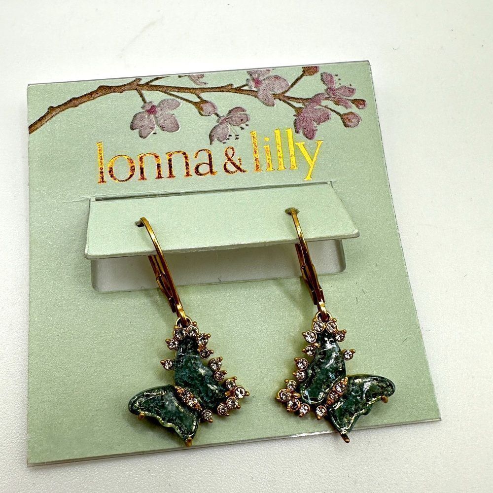 NWT lonna & lilly butterfly and rhinestones in gold tone dangle earrings!‎